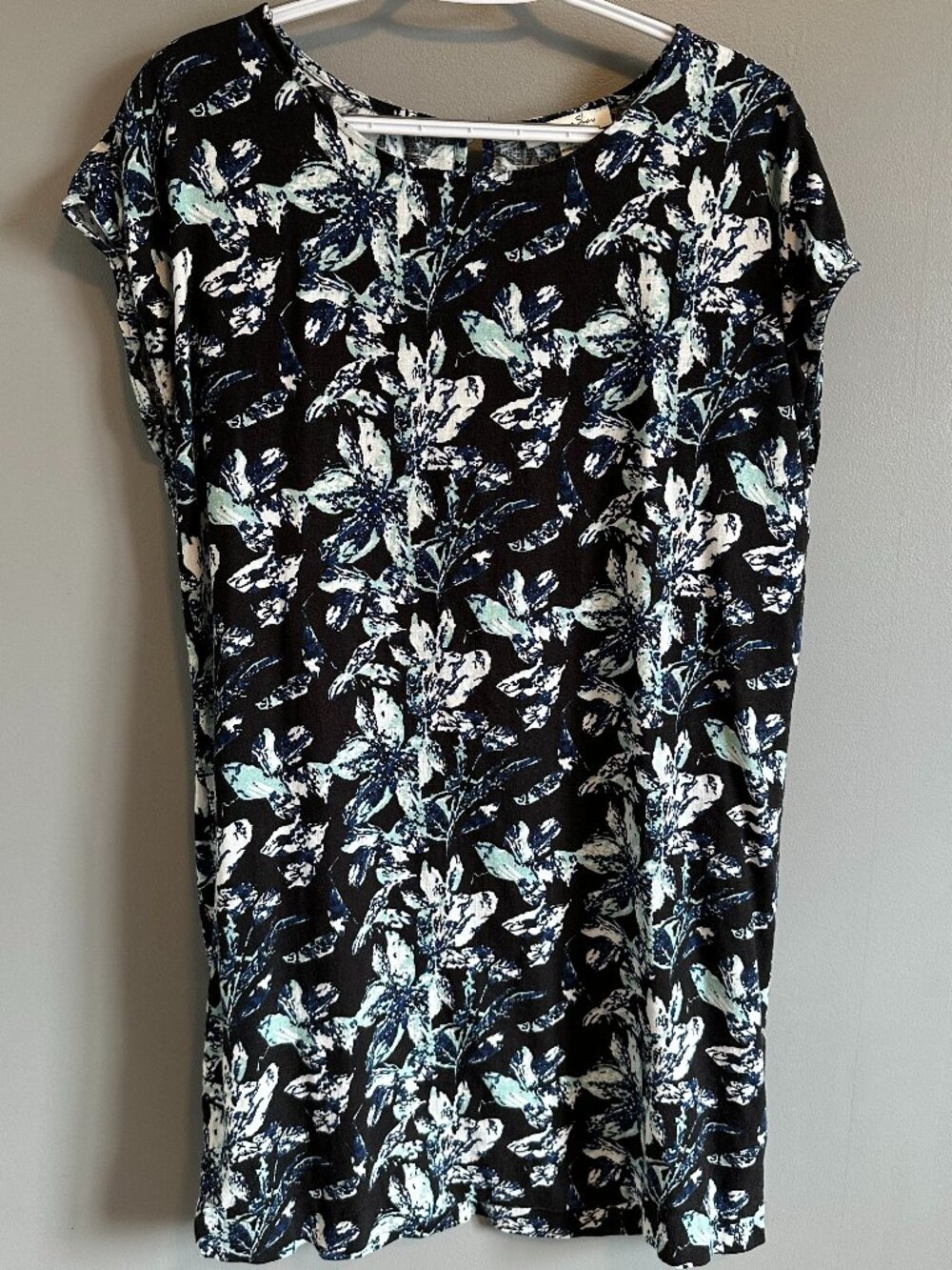 Spencer + Shaw Summer Floral Shift Dress Women's Large Linen Blend Navy Blue